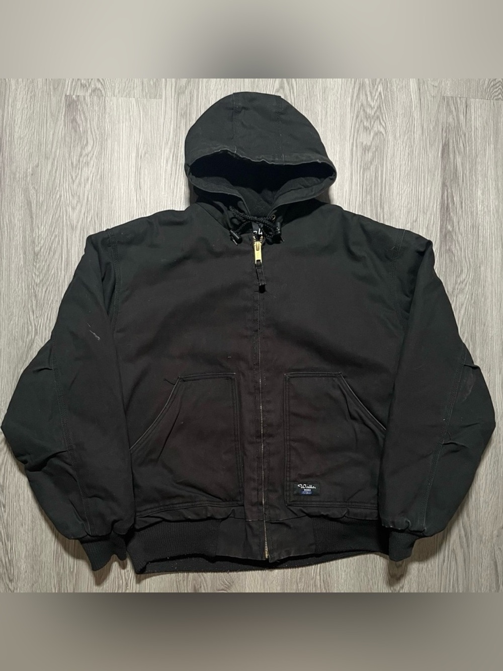 Walls Men's Black Hooded Work Jacket - Zip Front (Durable, Stylish. Vintage) LG